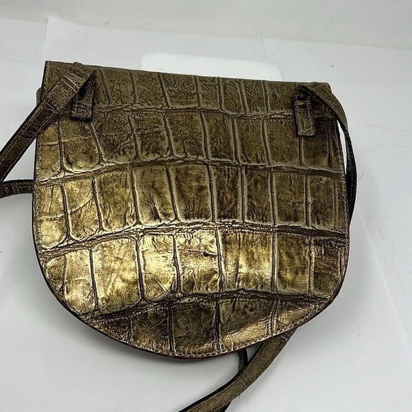 Carlos Falchi Structured Crossbody Goldtone Pewter Croc Embossed Leather Bag - Picture 5 of 15